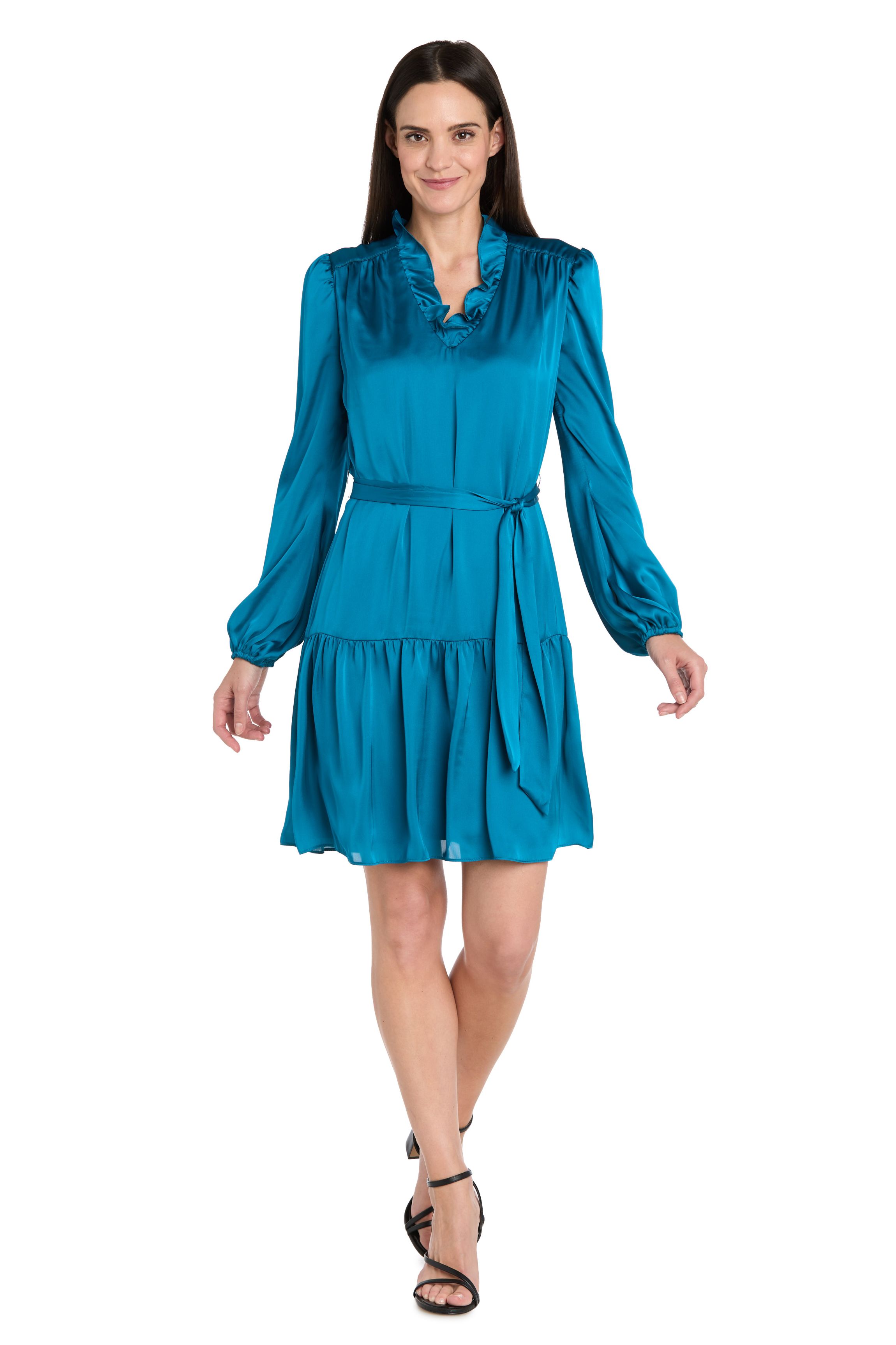 Short Silky Charmeuse Dress with V Neckline and Ruffle Skirt