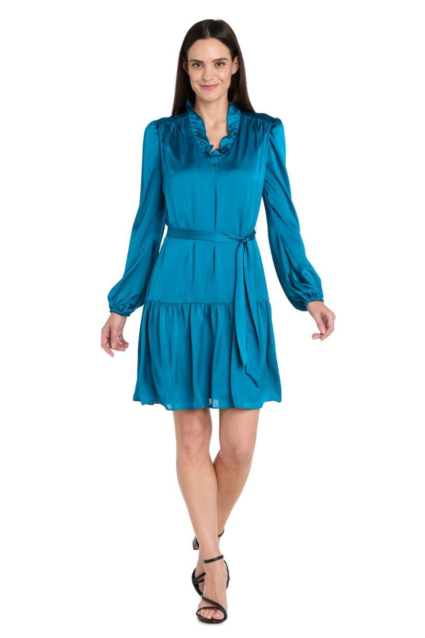 Short Silky Charmeuse Dress with V Neckline and Ruffle Skirt
