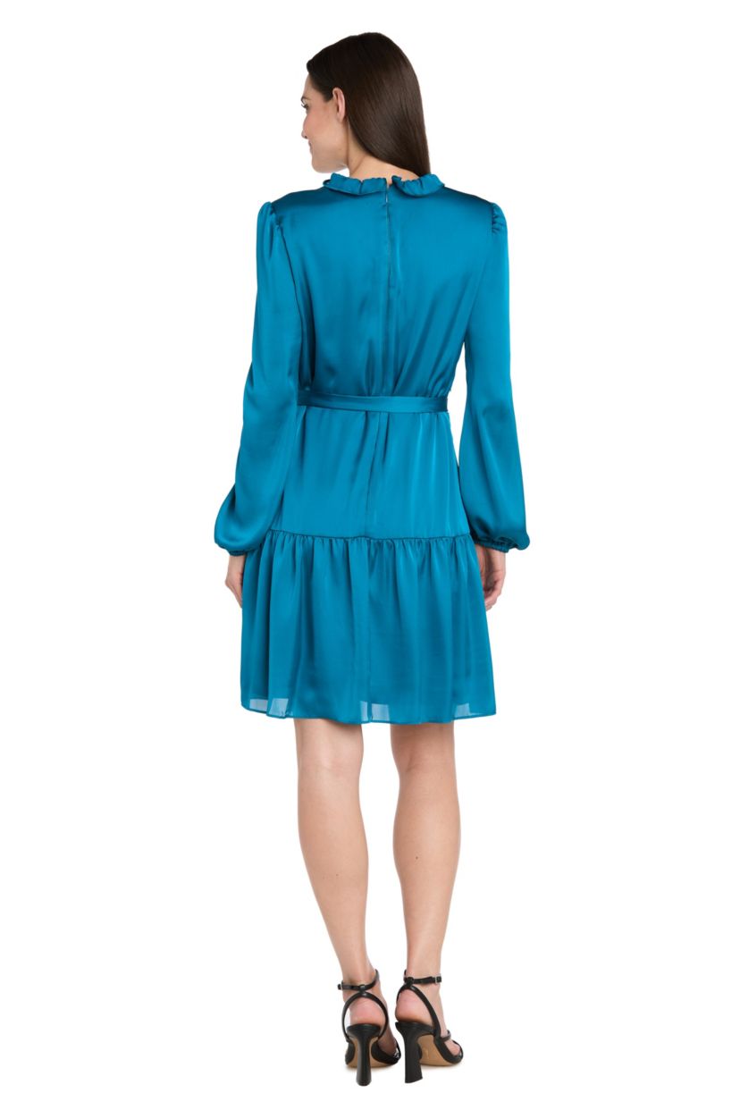 Short Silky Charmeuse Dress with V Neckline and Ruffle Skirt