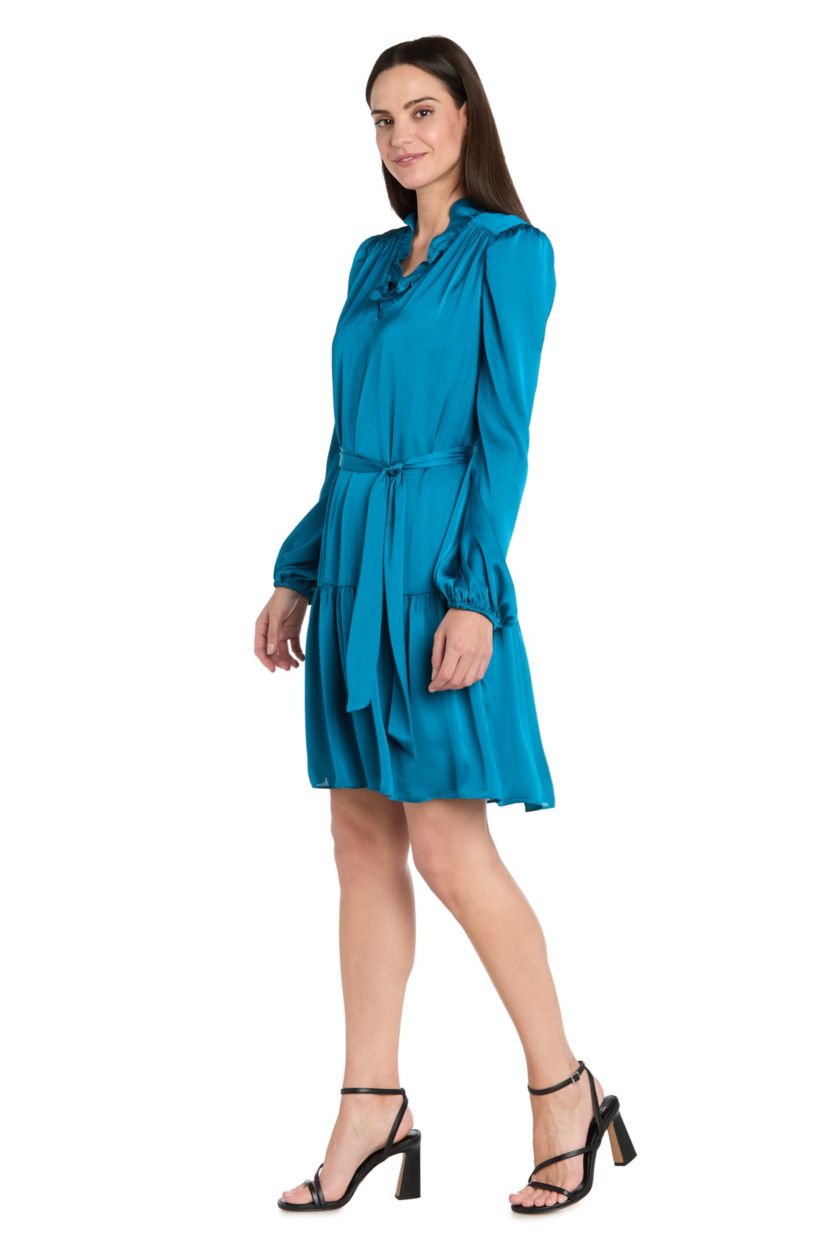 Short Silky Charmeuse Dress with V Neckline and Ruffle Skirt