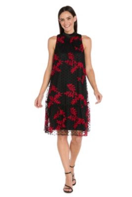 R & M Richards Women's Short Sleeveless Swing Dress Embroidered Flocked Tulle with Satin Collar and Keyhole Back
