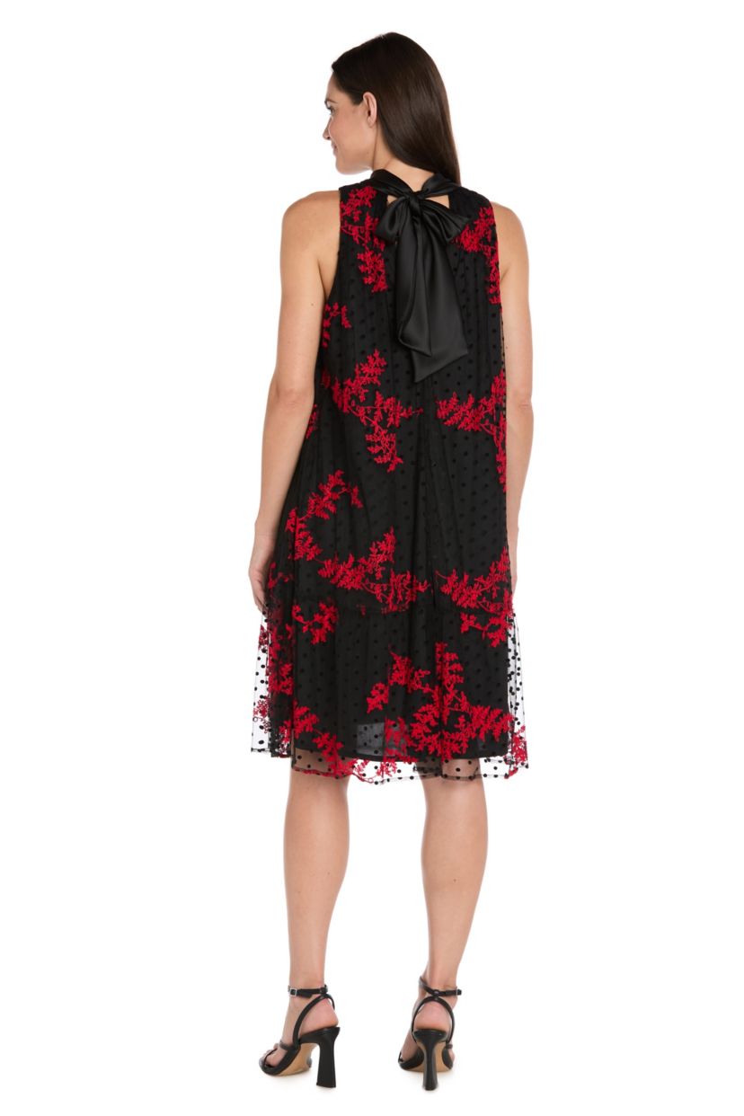 Short Sleeveless Swing Dress Embroidered Flocked Tulle with Satin Collar and Keyhole Back