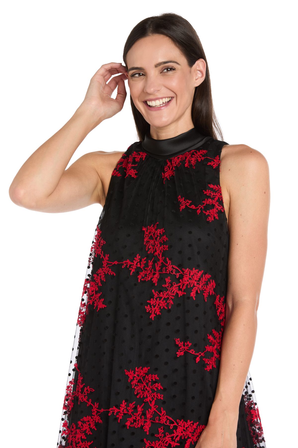 Short Sleeveless Swing Dress Embroidered Flocked Tulle with Satin Collar and Keyhole Back