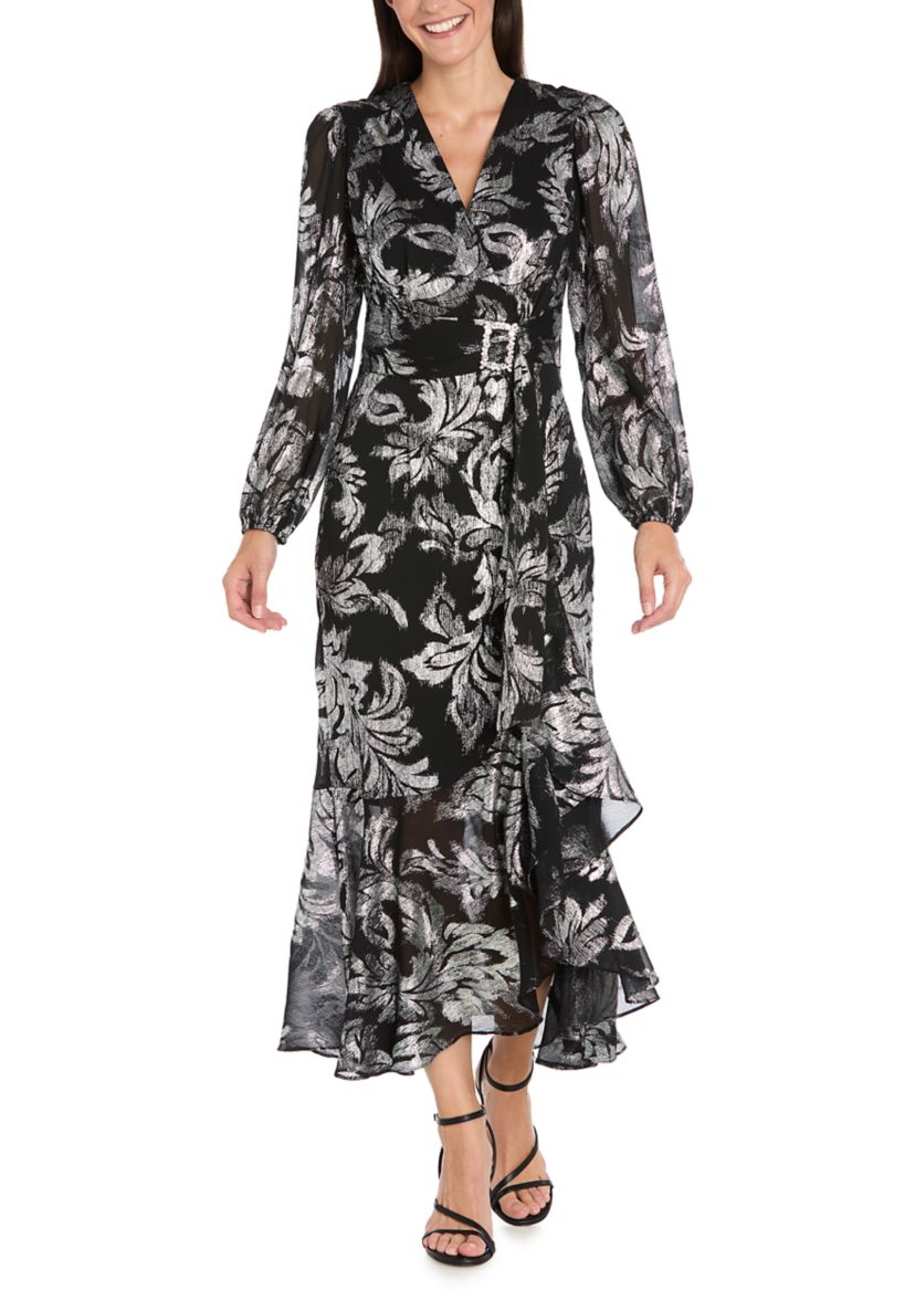 Womens Faux Wrap Dress with Hi-Lo Hem