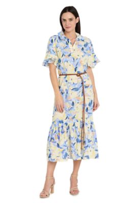 R & M Richards Women's Linen Printed Midi Dress, Blue, 6