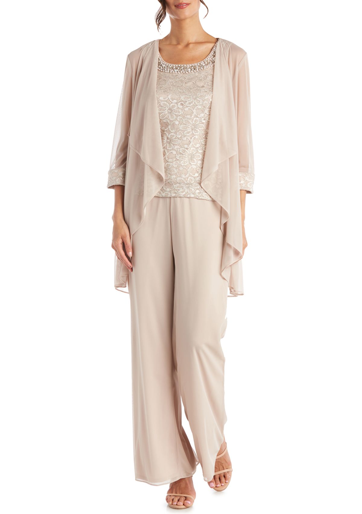 3Pc Pantsuit With Flyaway 3 4 Slv  Jacket Lace Camisole Beaded Neckline