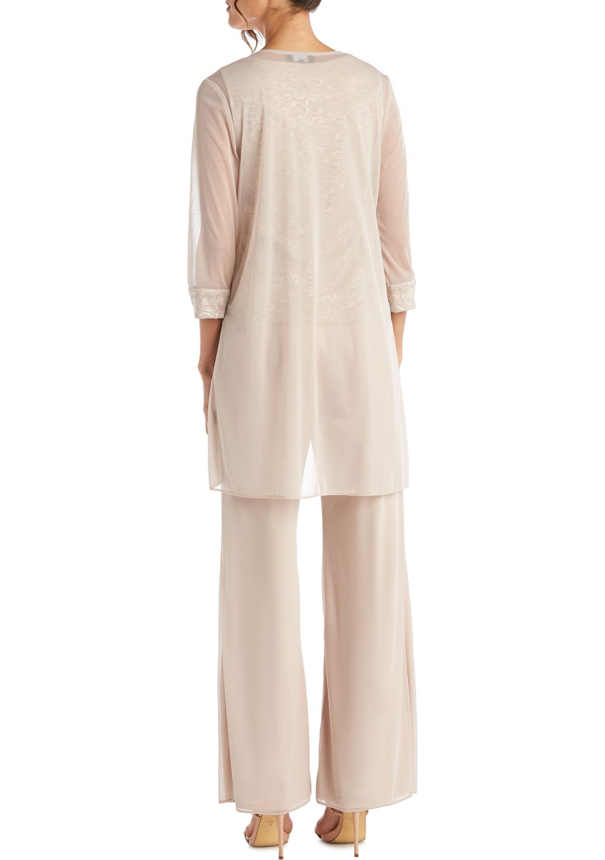 3Pc Pantsuit With Flyaway 3 4 Slv  Jacket Lace Camisole Beaded Neckline