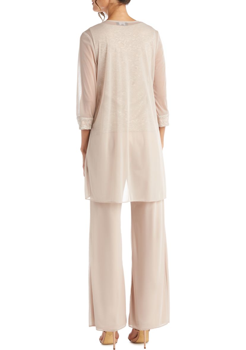 3Pc Pantsuit With Flyaway 3 4 Slv  Jacket Lace Camisole Beaded Neckline
