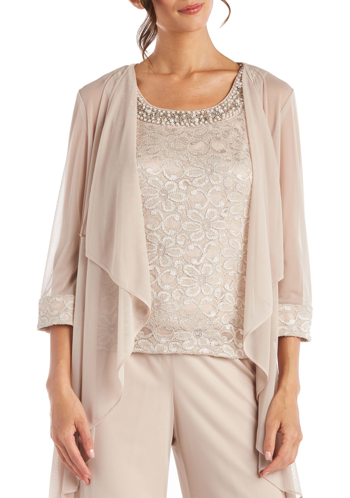 3Pc Pantsuit With Flyaway 3 4 Slv  Jacket Lace Camisole Beaded Neckline