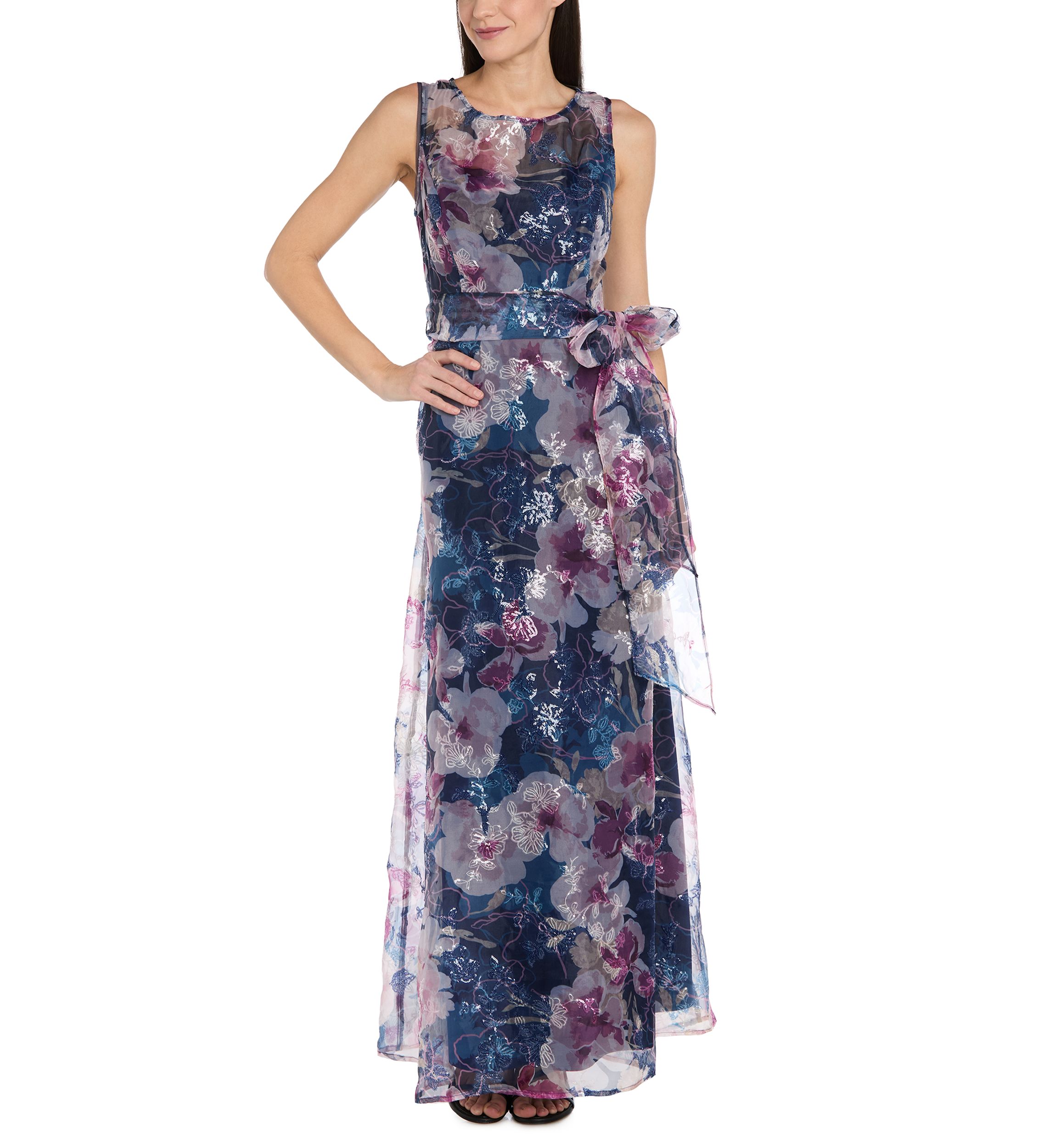 Women's R&M Richards Sequin Floral Organza Illusion-Neckline Gown, Size: 12, Navy Mauve