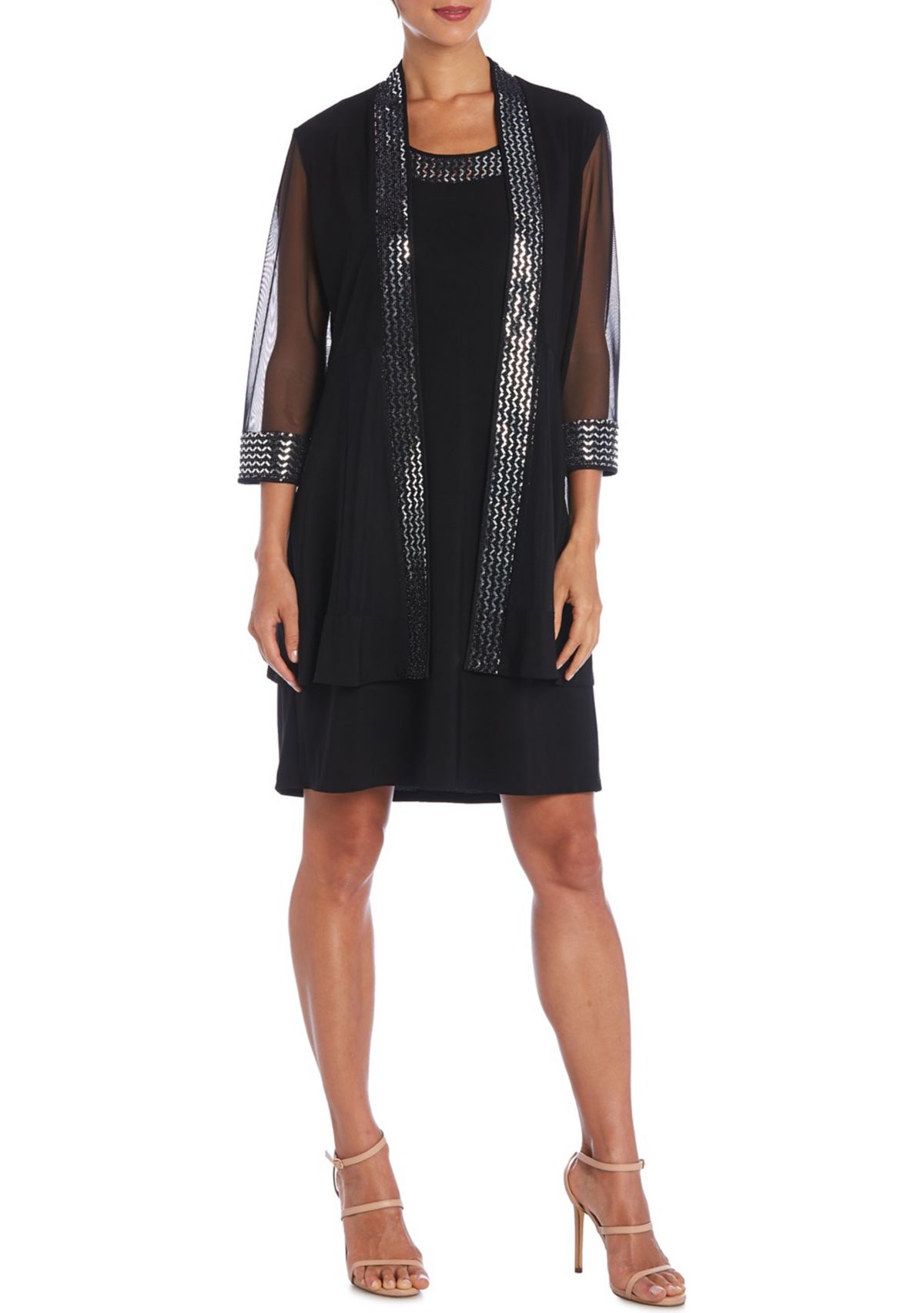 Womens 3/4 Sleeve Sequin Trim Jacket Dress