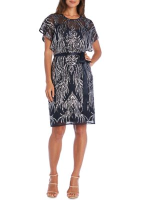 Women's Two-Tone Embroidered Sequin Flutter Sleeve Dress