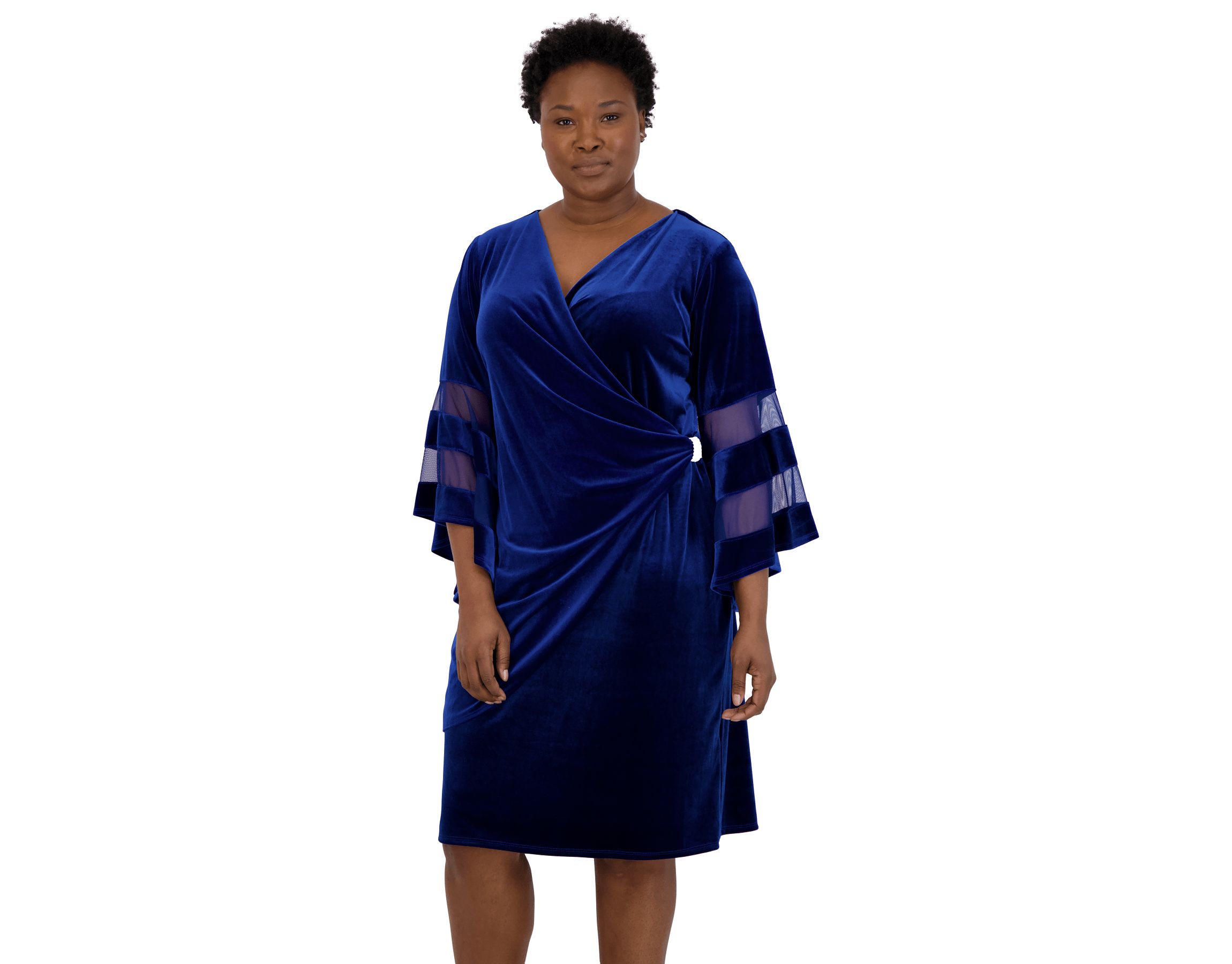 1Pc Sheer Trim Angel Sleeve Velvet Wrap Dress 3322 Quality