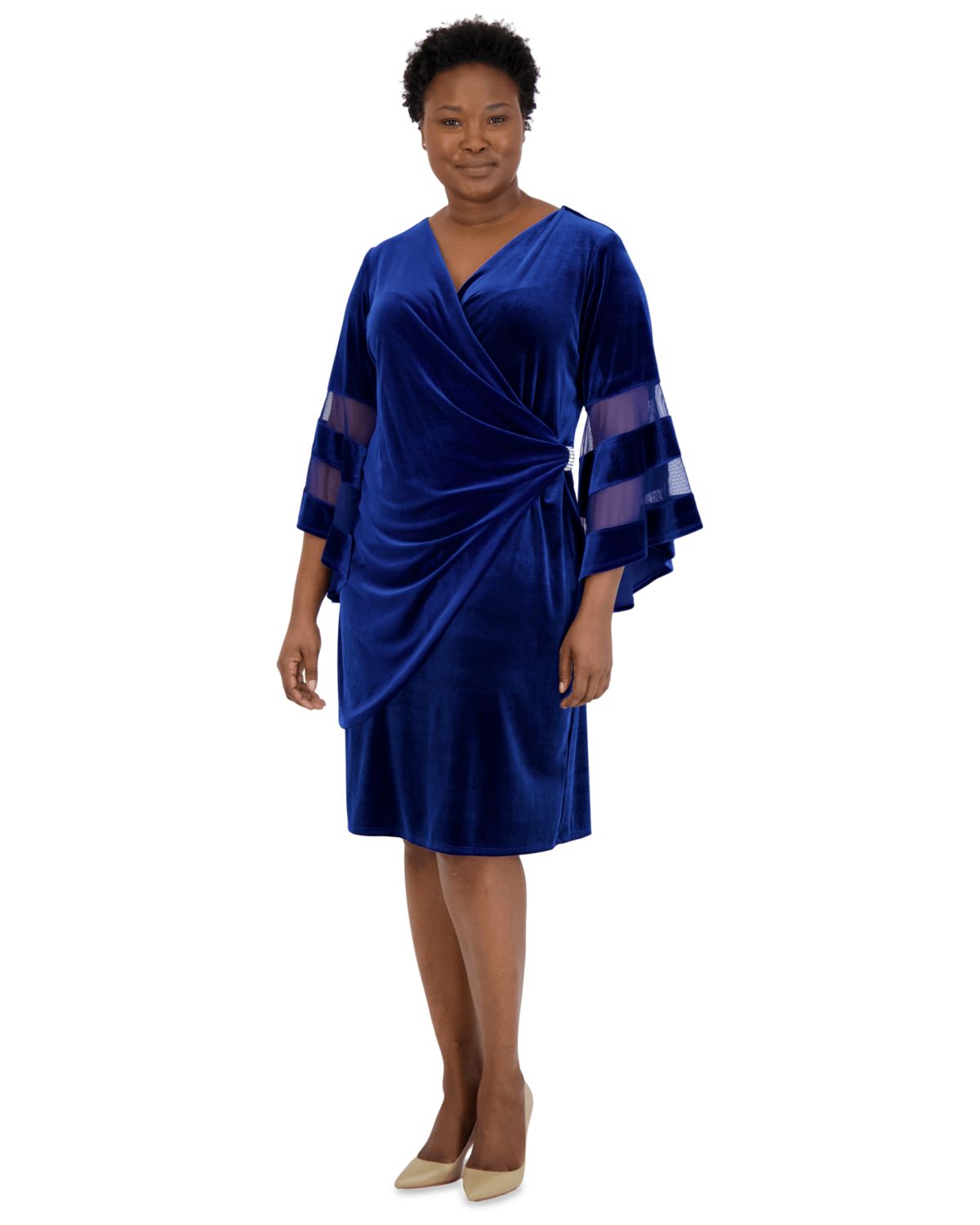 1Pc Sheer Trim Angel Sleeve Velvet Wrap Dress 3322 Quality