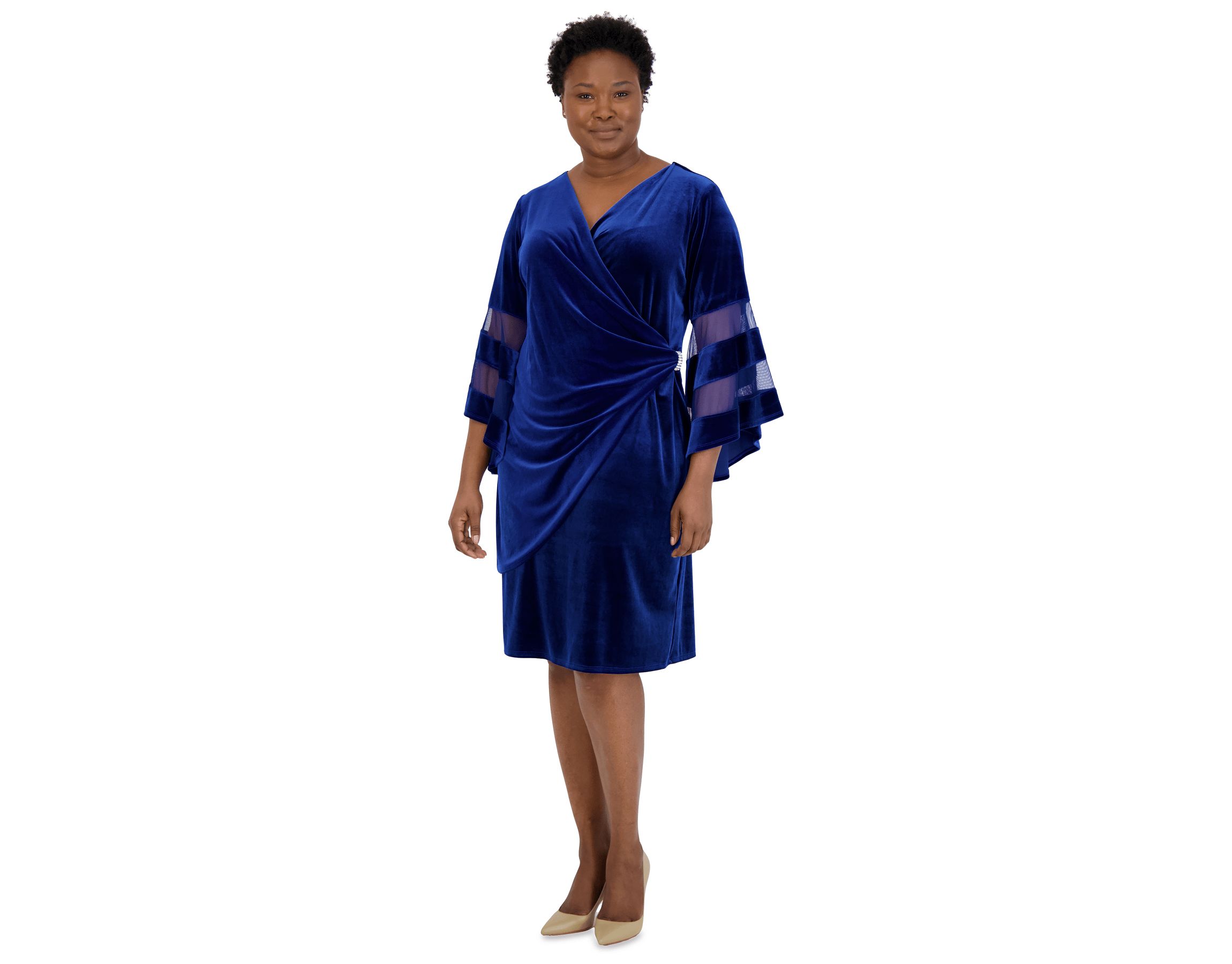 1Pc Sheer Trim Angel Sleeve Velvet Wrap Dress 3322 Quality