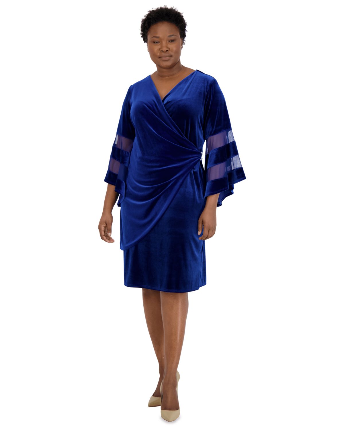 1Pc Sheer Trim Angel Sleeve Velvet Wrap Dress 3322 Quality