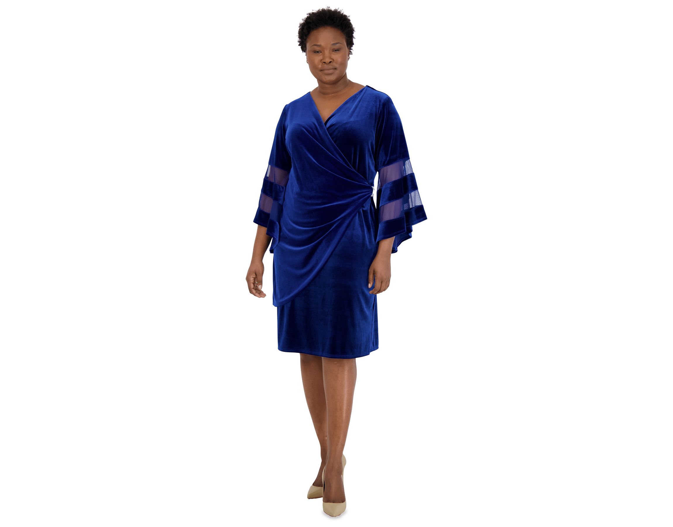 1Pc Sheer Trim Angel Sleeve Velvet Wrap Dress 3322 Quality