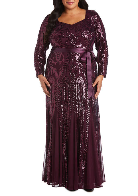 R&M Richards Long-Sleeved Sequined Gown with Angular Neckline
