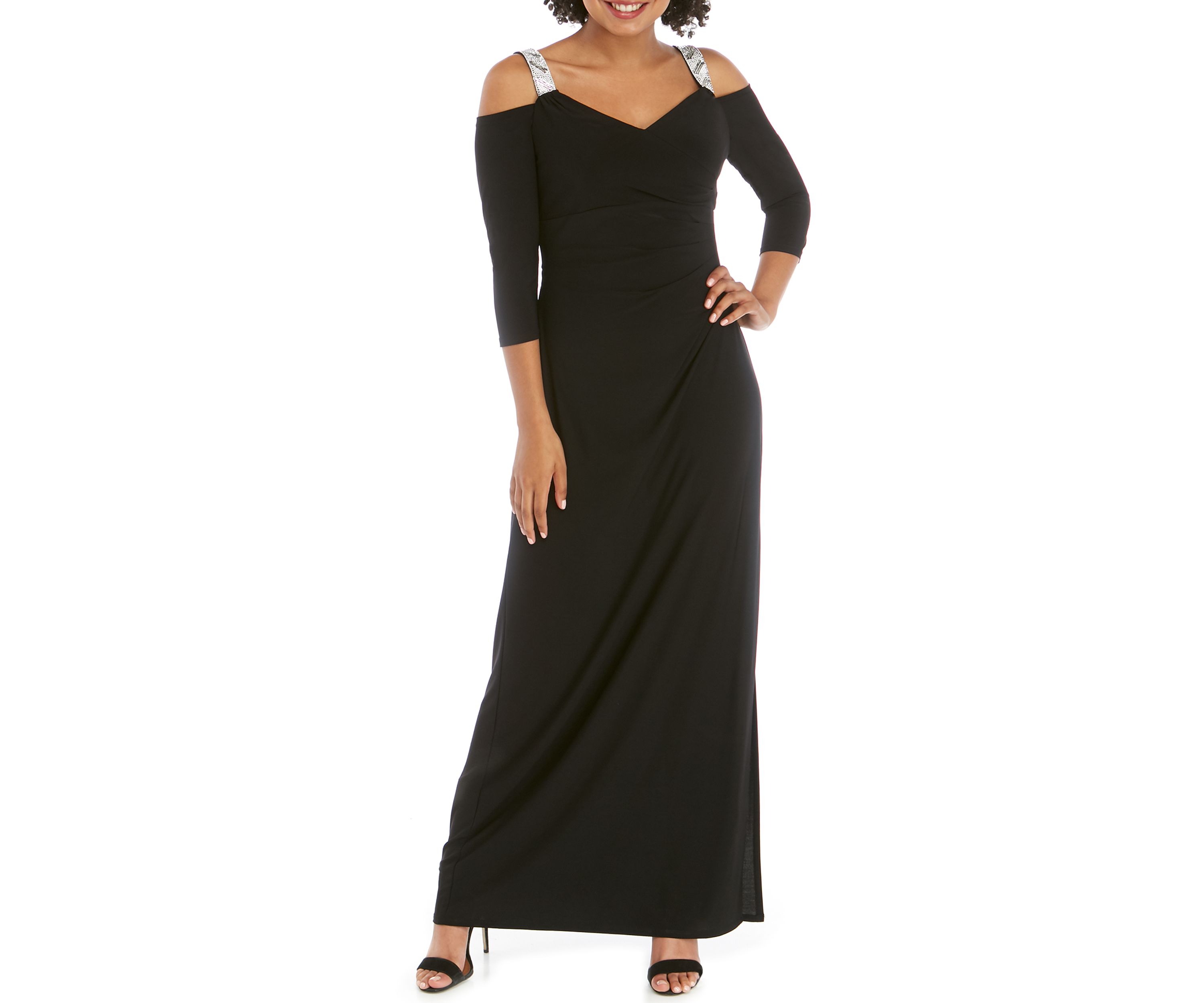 Womens Rhinestone 3/4 Sleeve Long Dress 