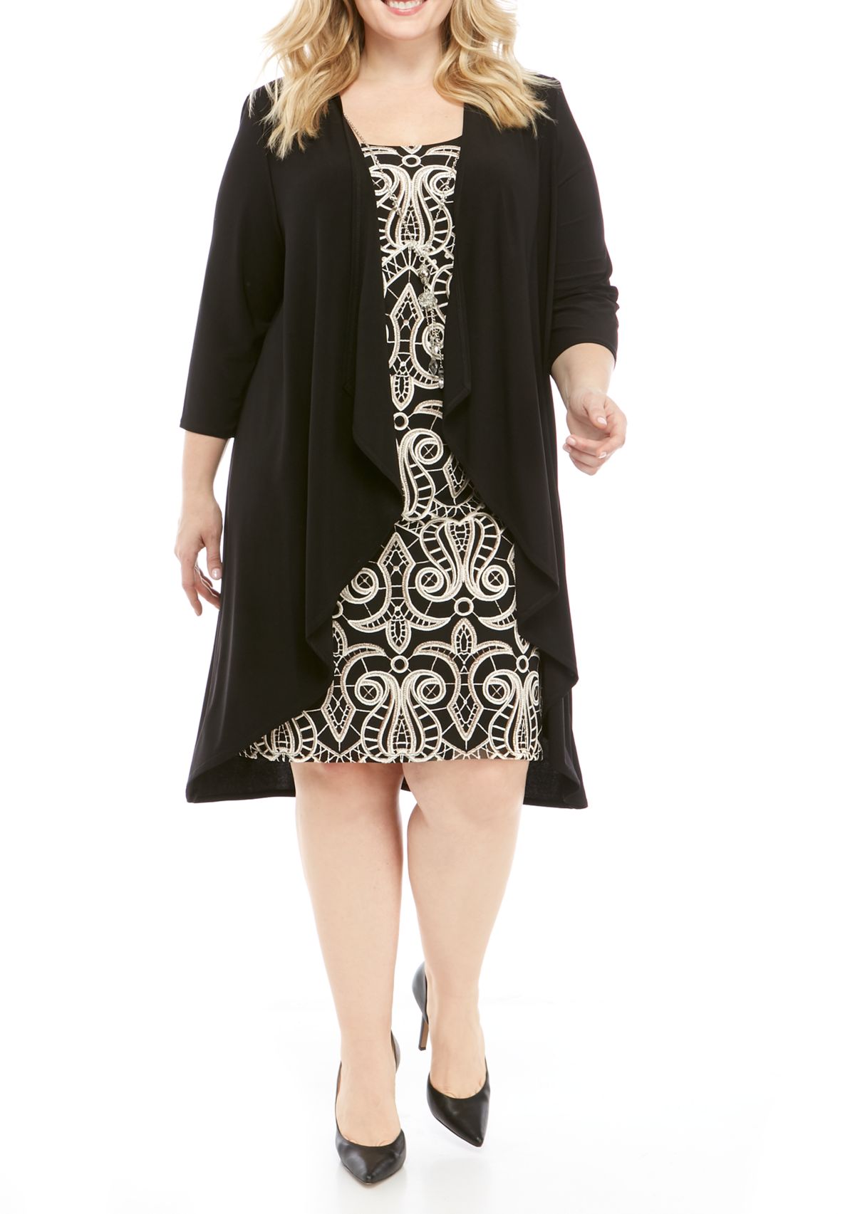 Plus Size 3/4 Sleeve Print Dress with a Solid Jacket 