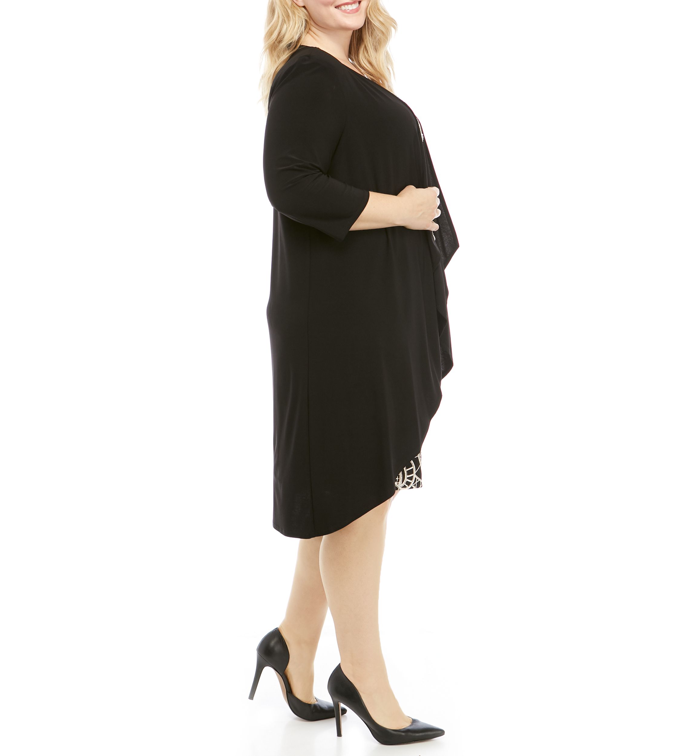 Plus Size 3/4 Sleeve Print Dress with a Solid Jacket 