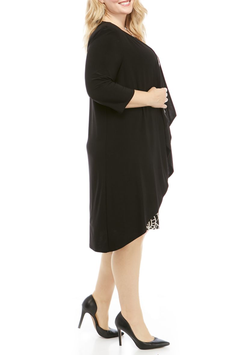 Plus Size 3/4 Sleeve Print Dress with a Solid Jacket 