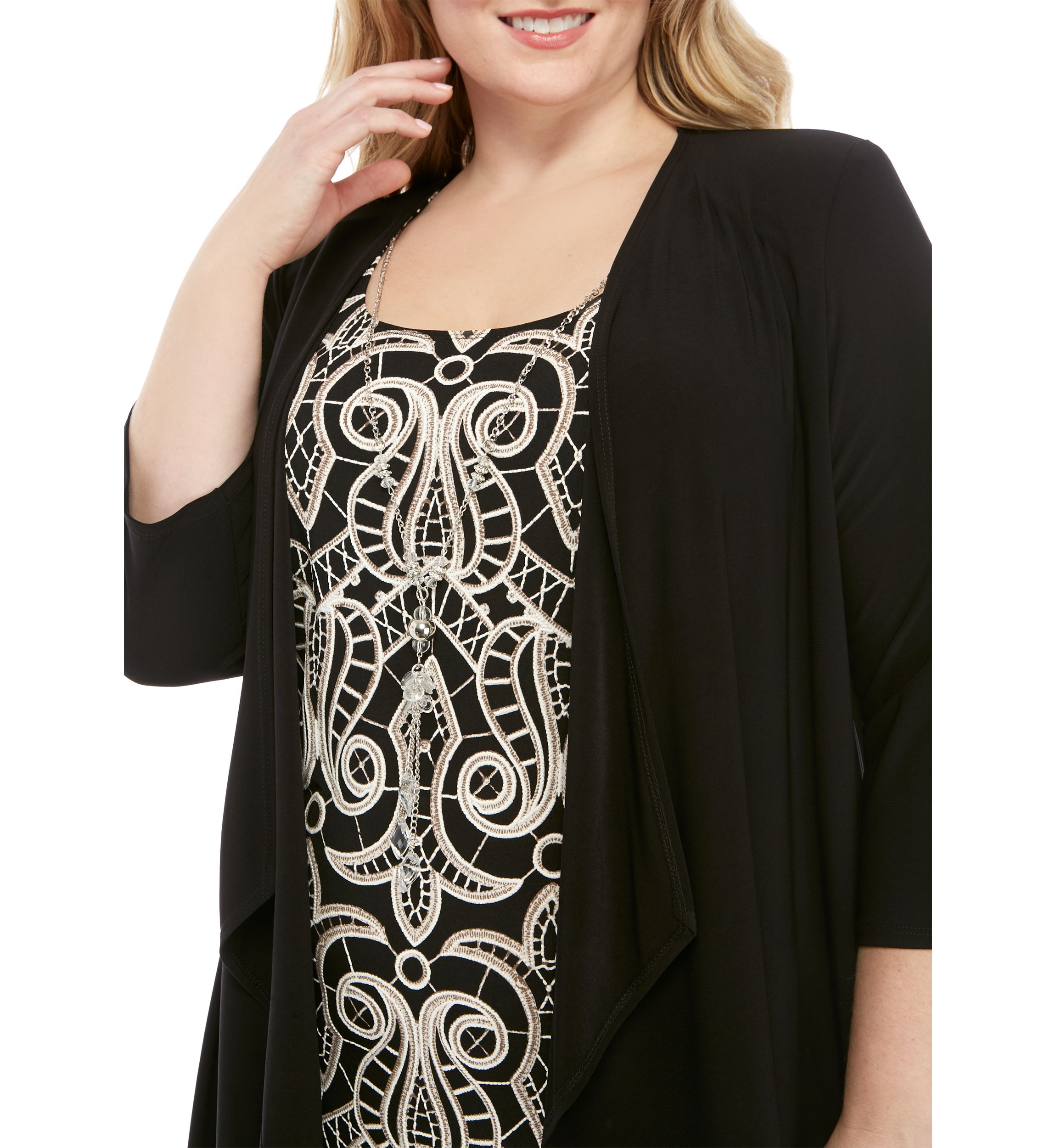 Plus Size 3/4 Sleeve Print Dress with a Solid Jacket 