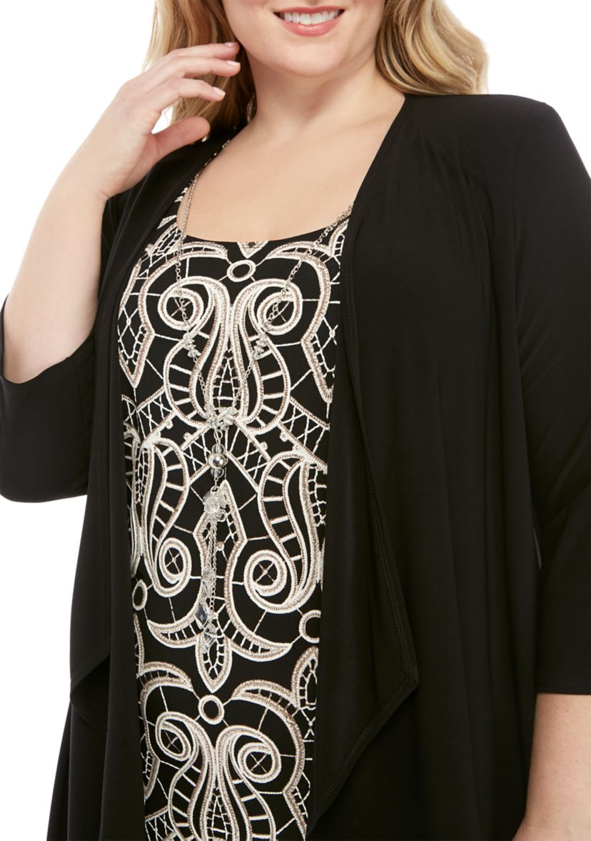 Plus Size 3/4 Sleeve Print Dress with a Solid Jacket 