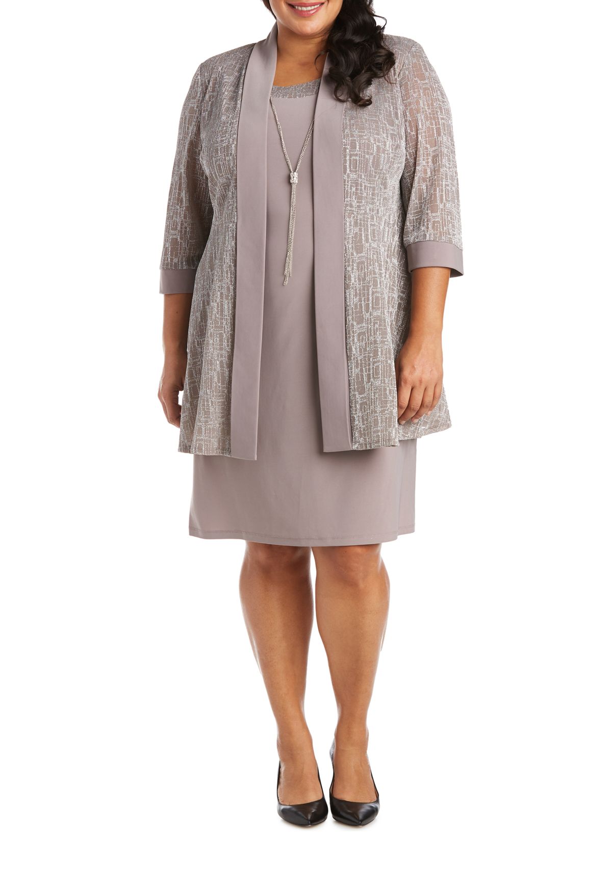 Plus Size 2-Piece Metallic Jacquard Jacket Dress 