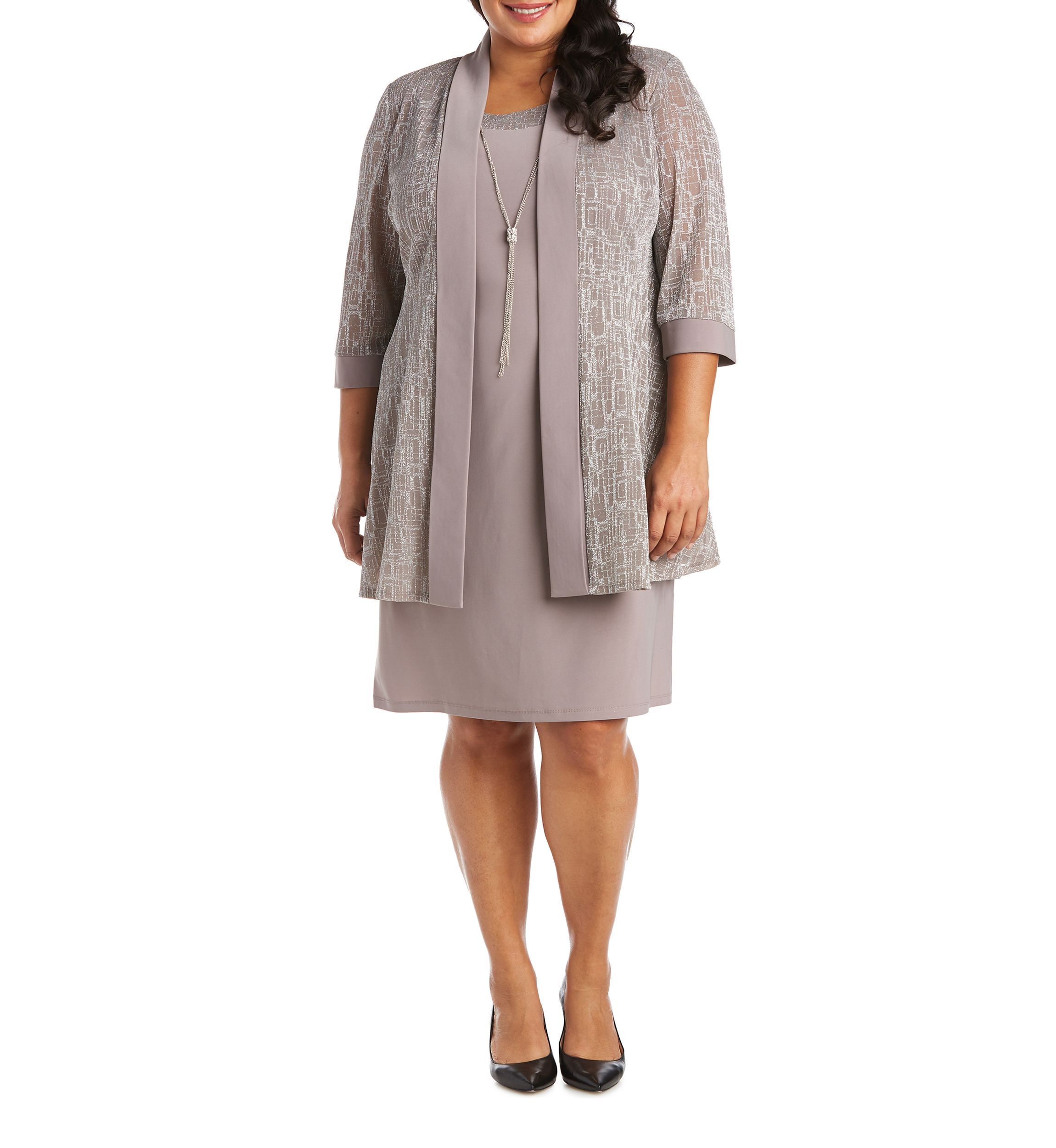 Plus Size 2-Piece Metallic Jacquard Jacket Dress 