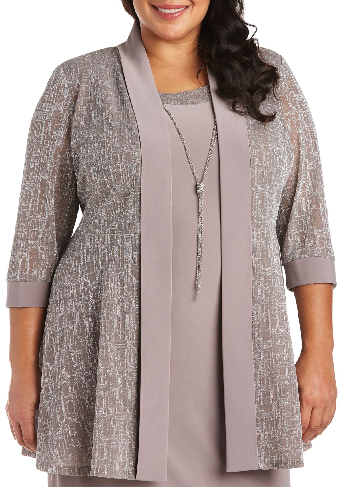 Plus Size 2-Piece Metallic Jacquard Jacket Dress 