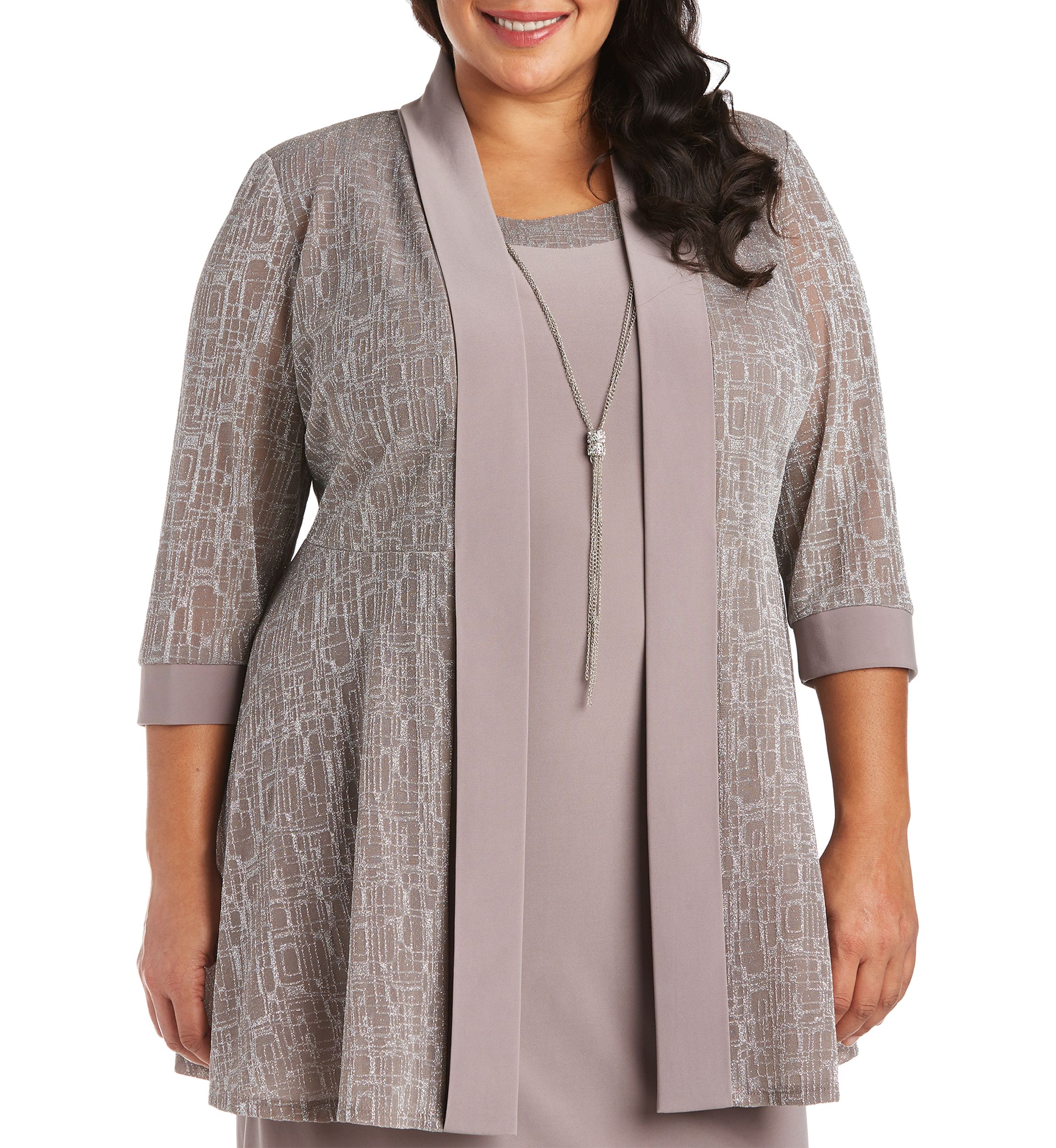 Plus Size 2-Piece Metallic Jacquard Jacket Dress 