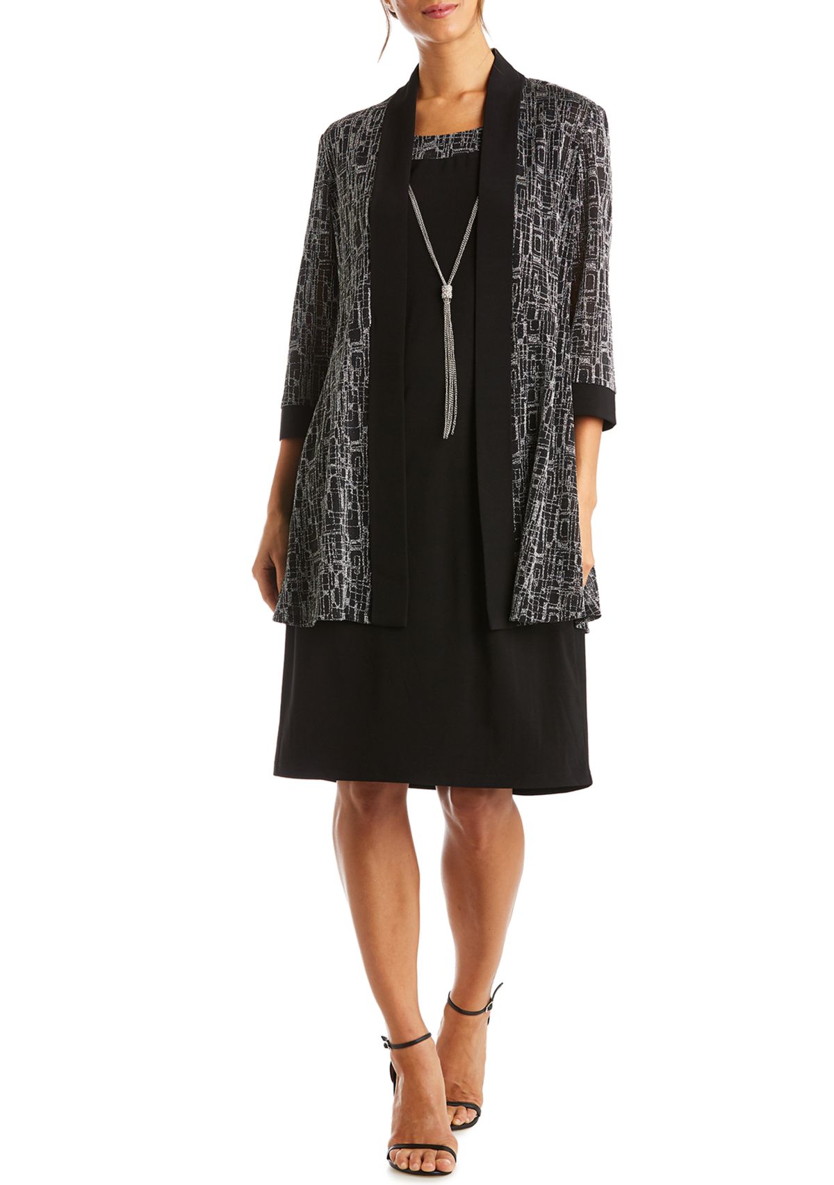 Womens 2 Piece Metallic Jacquard Knit Jacket Dress 