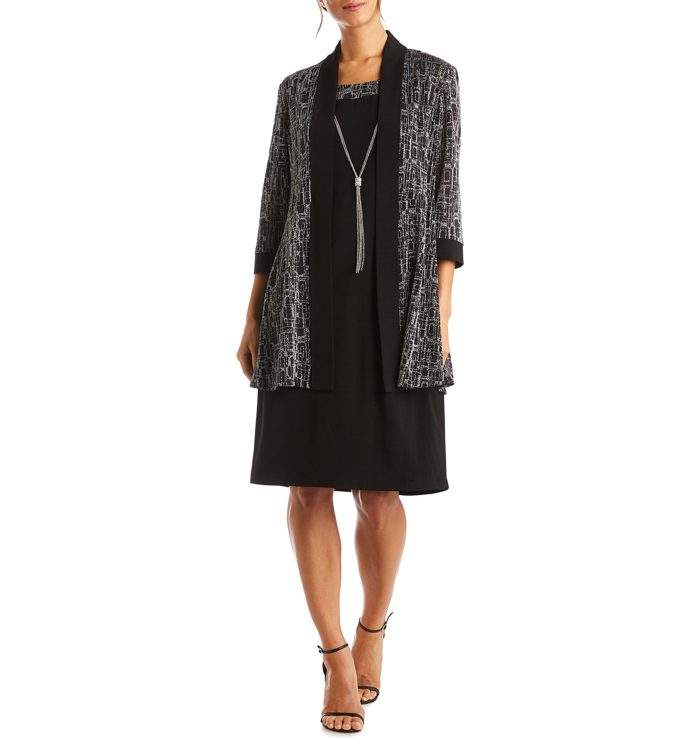 Womens 2 Piece Metallic Jacquard Knit Jacket Dress 