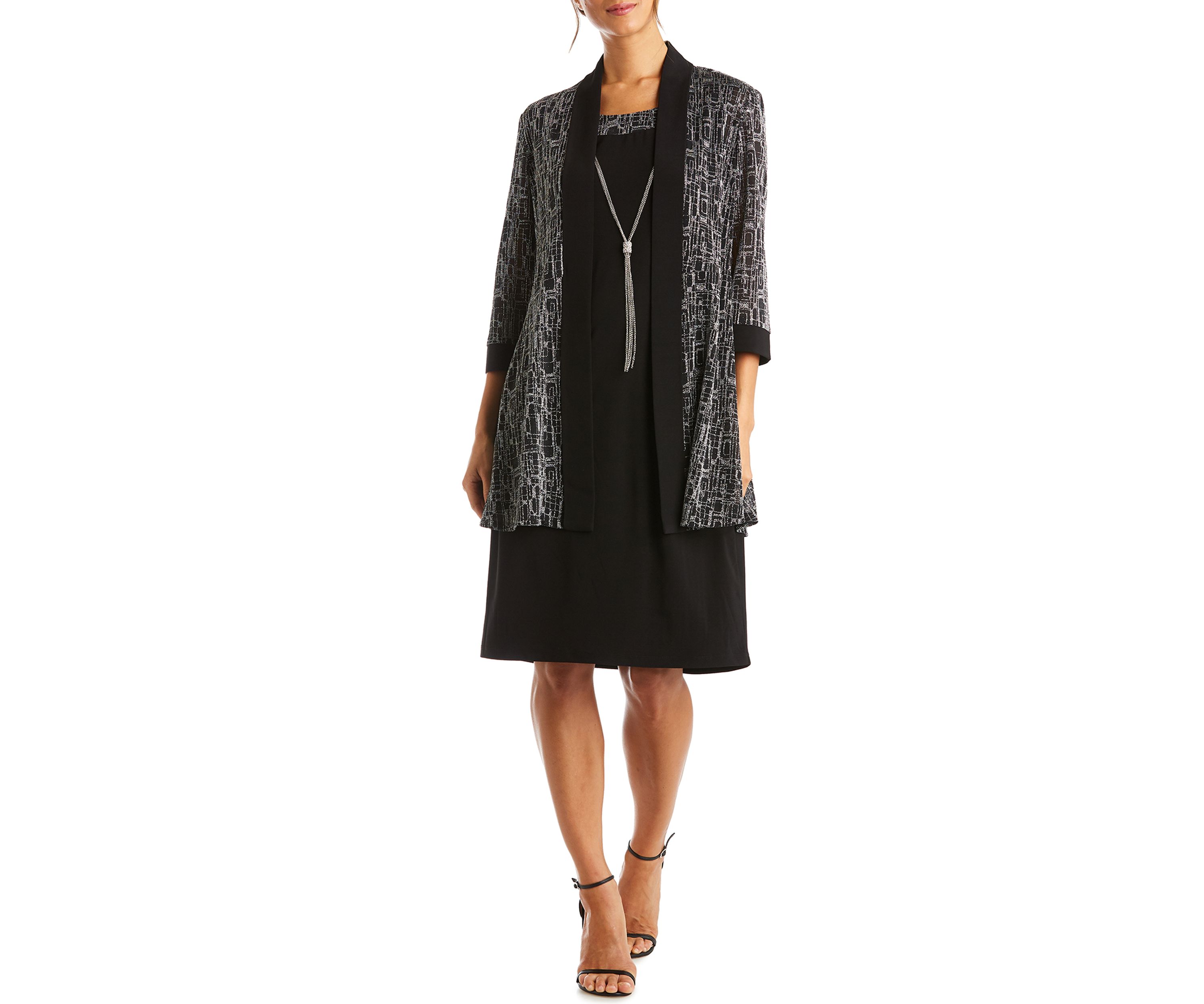Womens 2 Piece Metallic Jacquard Knit Jacket Dress 
