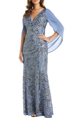 Women's Long Beaded V-Neck Empire Waist Dress On Mesh with Chiffon Draped Cowl Back Sleeve