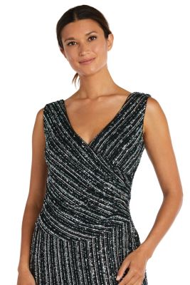 1Pc Multi Stripe Sequin Bare Shoulder Surplice Long Dress