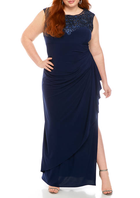 R & M Richards Plus Size Sequin Top Side Ruch Jersey Gown | belk