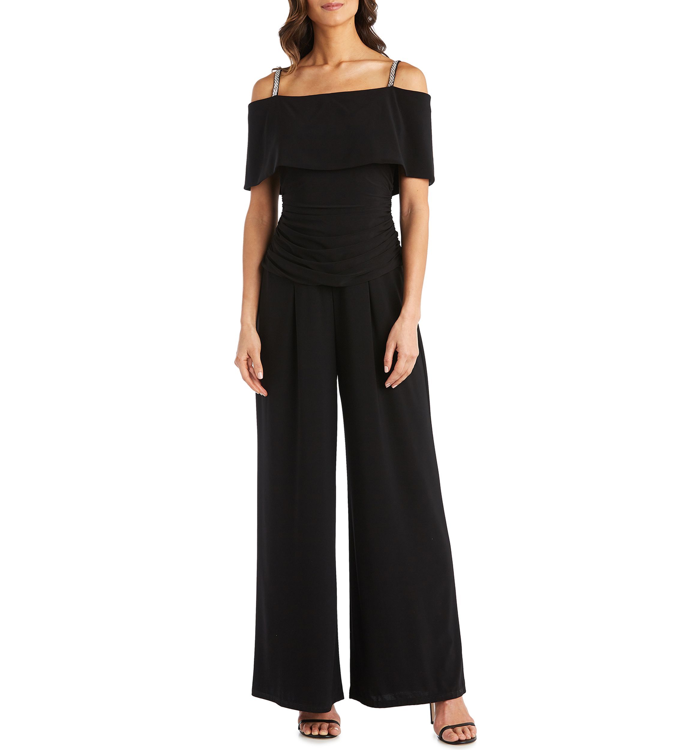 Womens One Piece Cold Shoulder Ruched Bodice Jumpsuit 