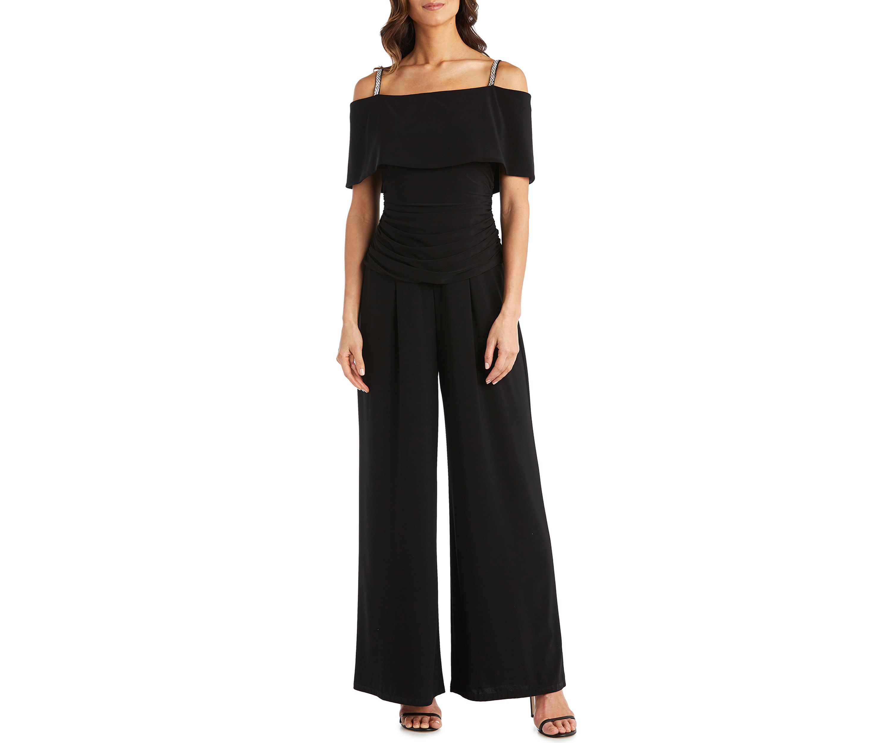 Womens One Piece Cold Shoulder Ruched Bodice Jumpsuit 