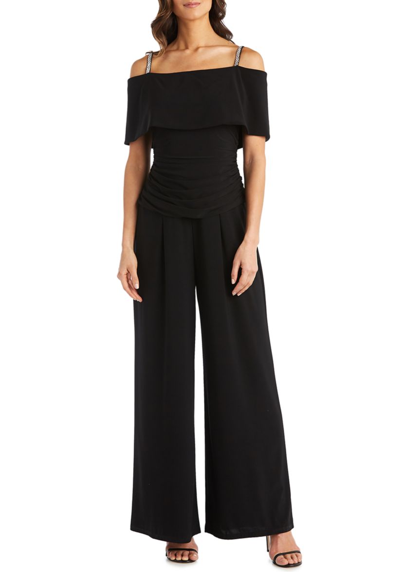 Womens One Piece Cold Shoulder Ruched Bodice Jumpsuit 