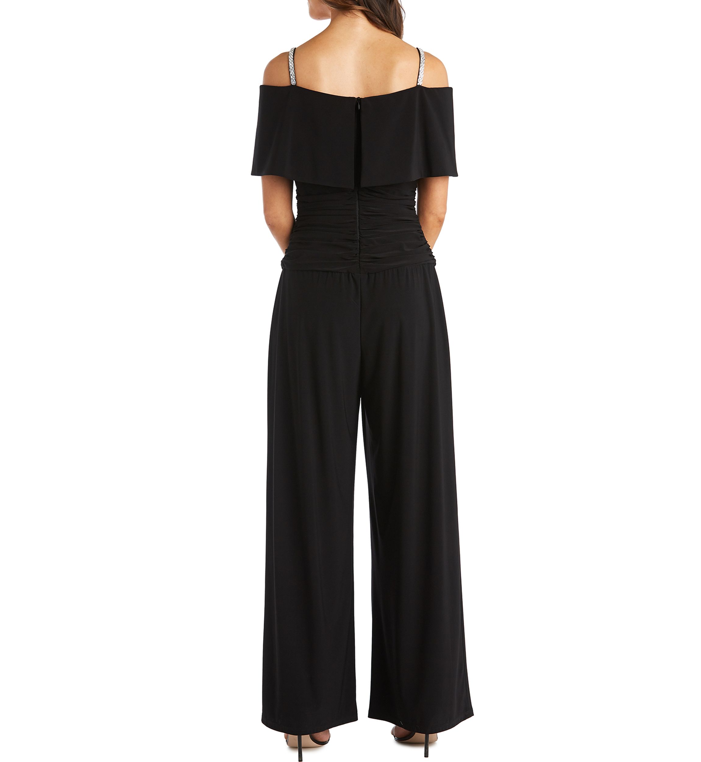 Womens One Piece Cold Shoulder Ruched Bodice Jumpsuit 