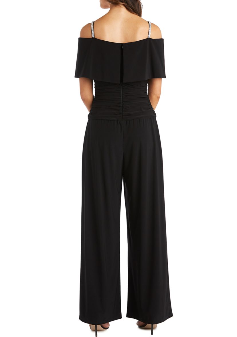 Womens One Piece Cold Shoulder Ruched Bodice Jumpsuit 