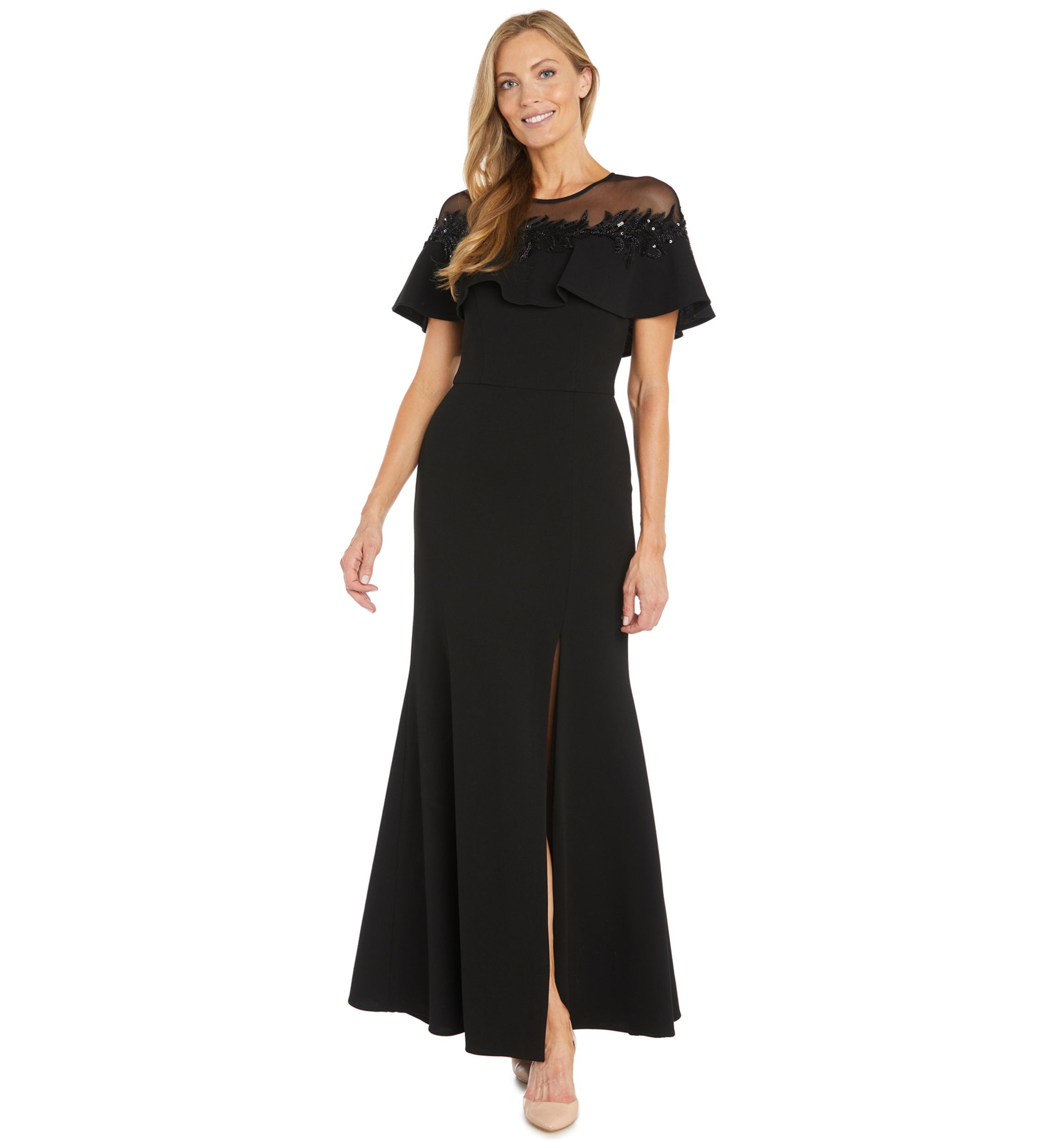 Womens Short Sleeve Mesh Crew Neck Solid Embellish Gown