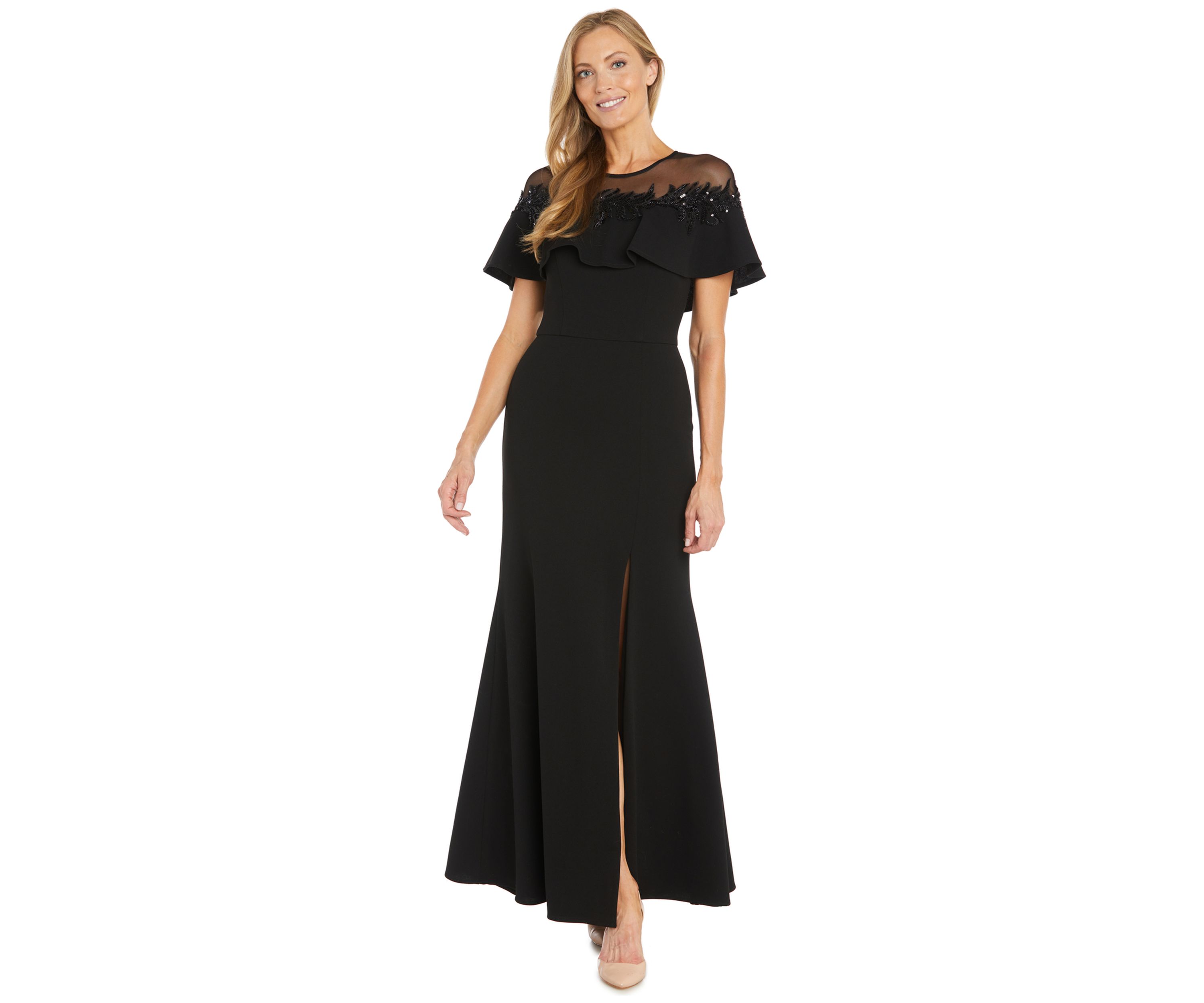 Womens Short Sleeve Mesh Crew Neck Solid Embellish Gown