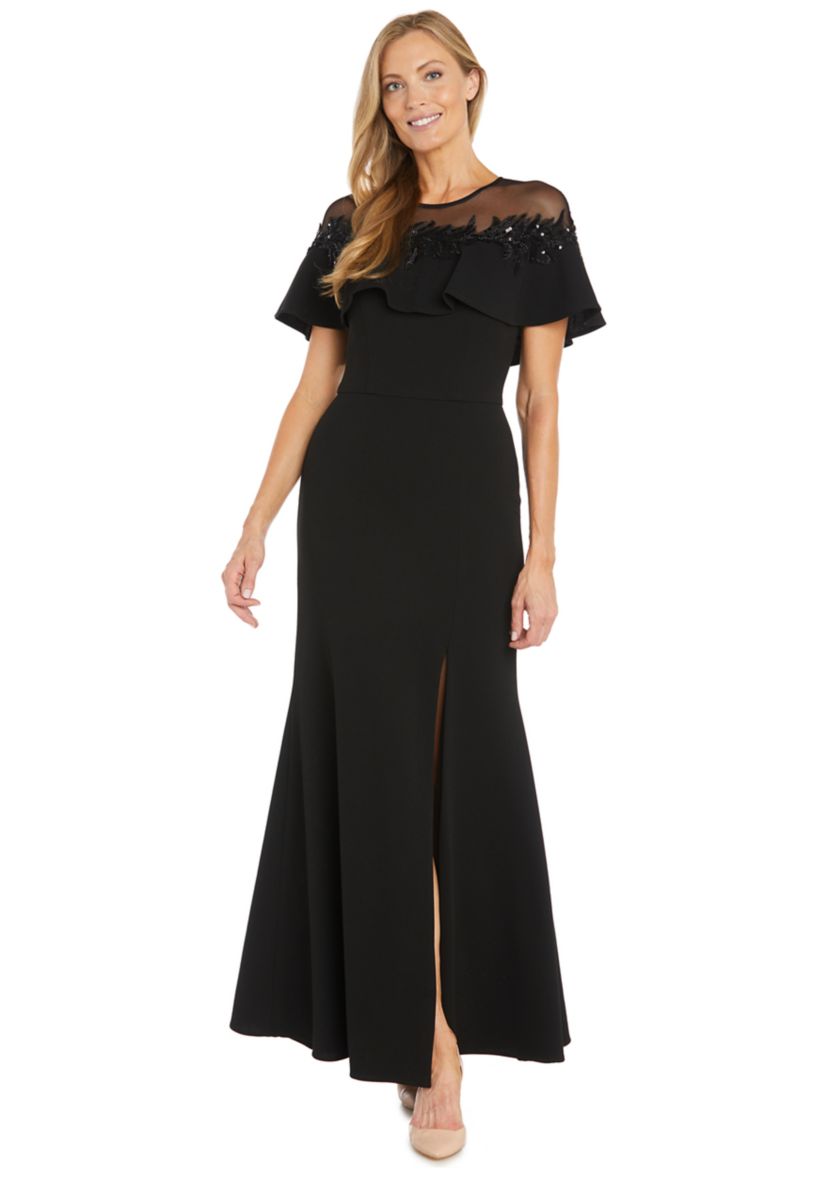 Womens Short Sleeve Mesh Crew Neck Solid Embellish Gown