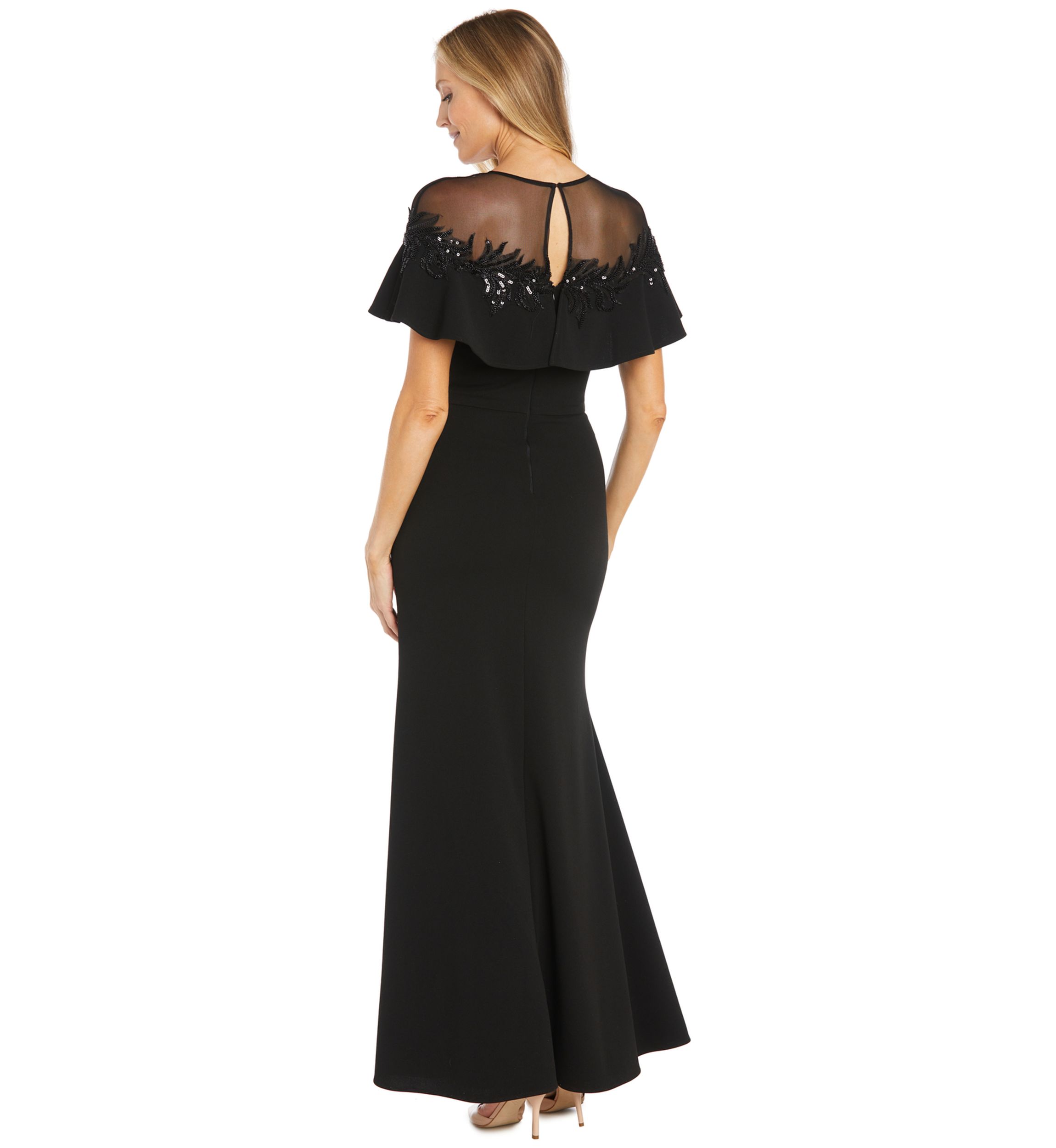 Womens Short Sleeve Mesh Crew Neck Solid Embellish Gown