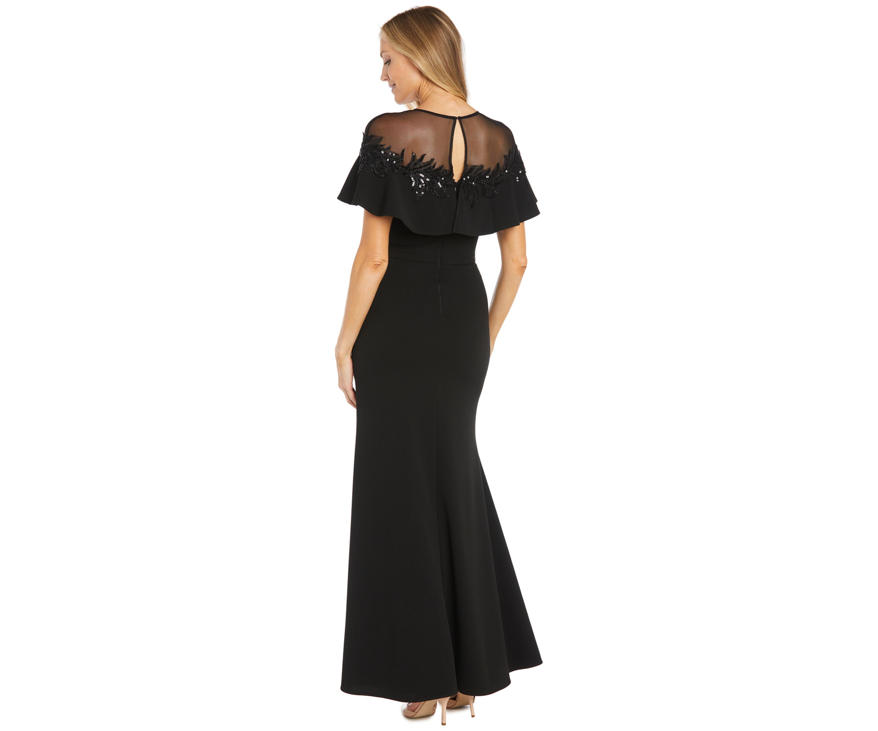 Womens Short Sleeve Mesh Crew Neck Solid Embellish Gown
