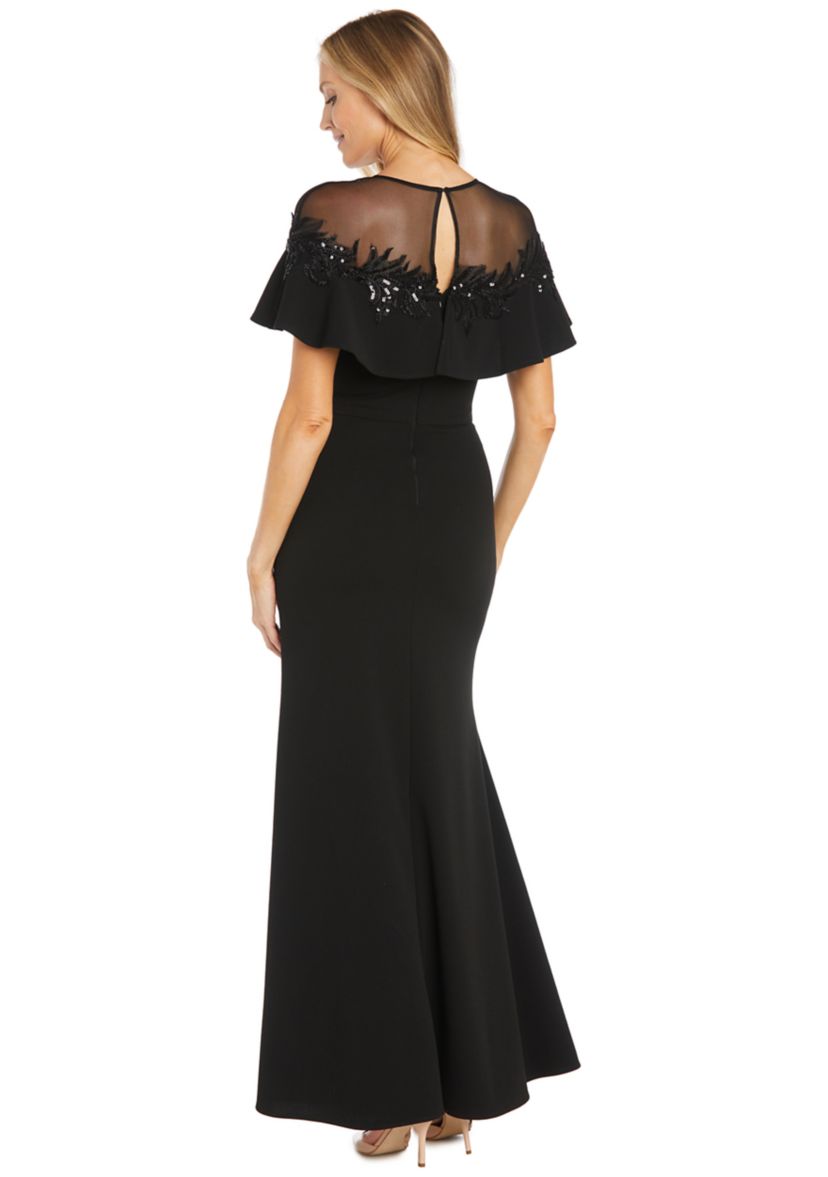 Womens Short Sleeve Mesh Crew Neck Solid Embellish Gown