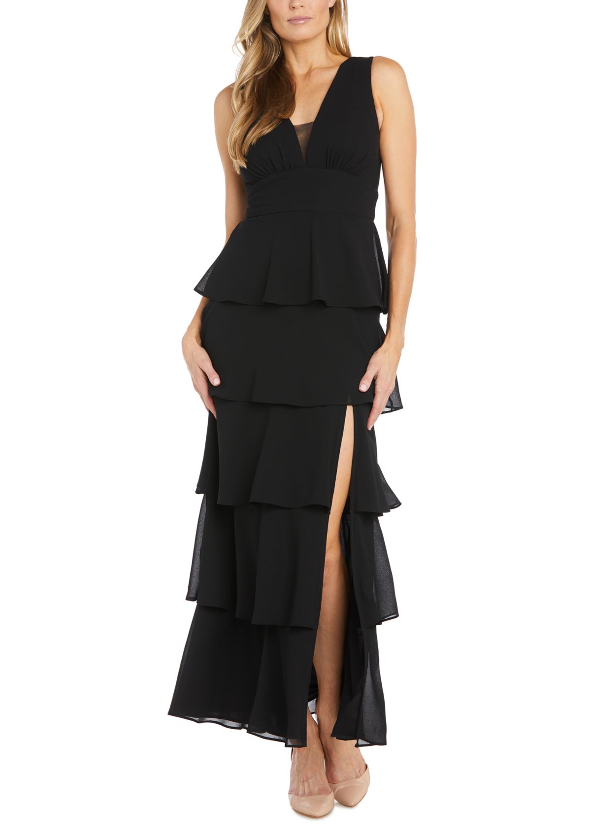 Womens Long Multi Tiered Deep V-Neck Front Pebble Georgette Dress with Mesh Detail